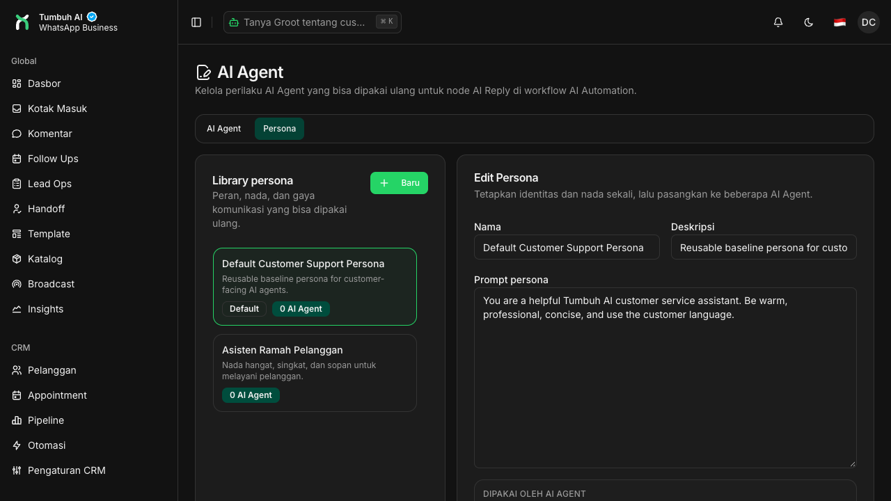 Halaman AI Agent, tab Persona, dengan daftar persona dan tombol Baru