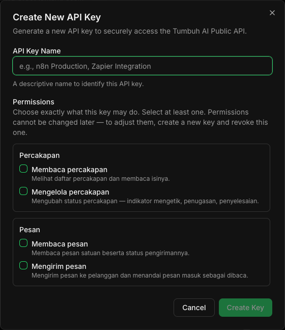 Dialog pembuatan API key dengan kolom nama dan daftar Permissions