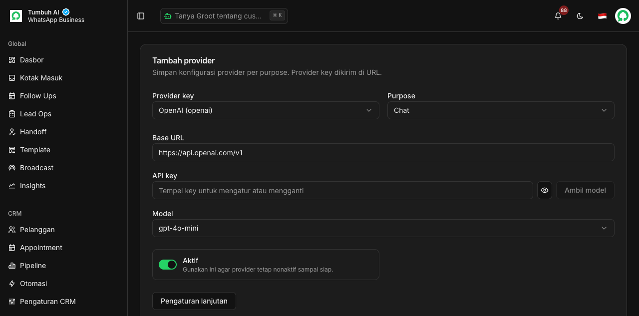 Formulir Tambah provider dengan kolom Provider key, Purpose, Base URL, API key, dan Model