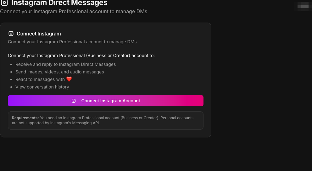 Kartu Connect Instagram dengan tombol Connect Instagram Account