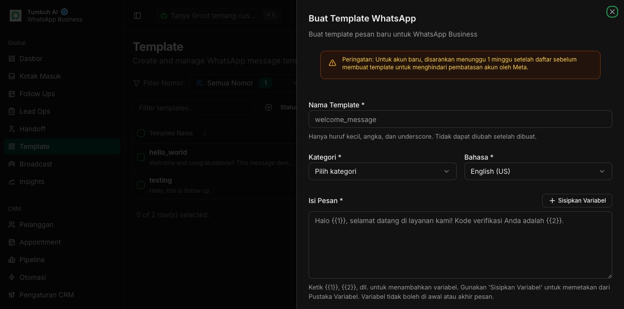 Drawer Buat Template WhatsApp berisi nama, kategori, bahasa, dan isi pesan