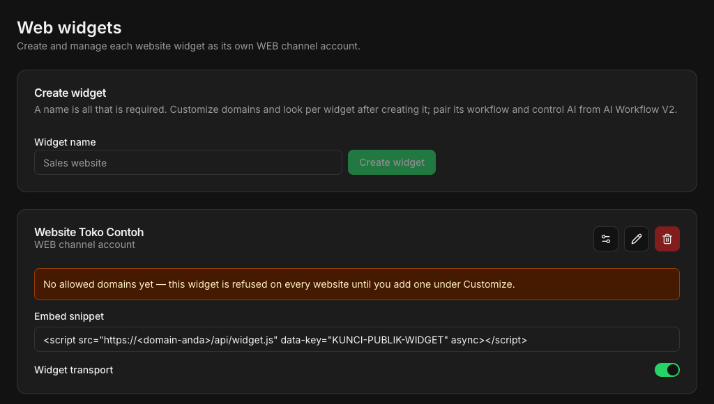 Kartu widget dengan peringatan domain dan kolom Embed snippet